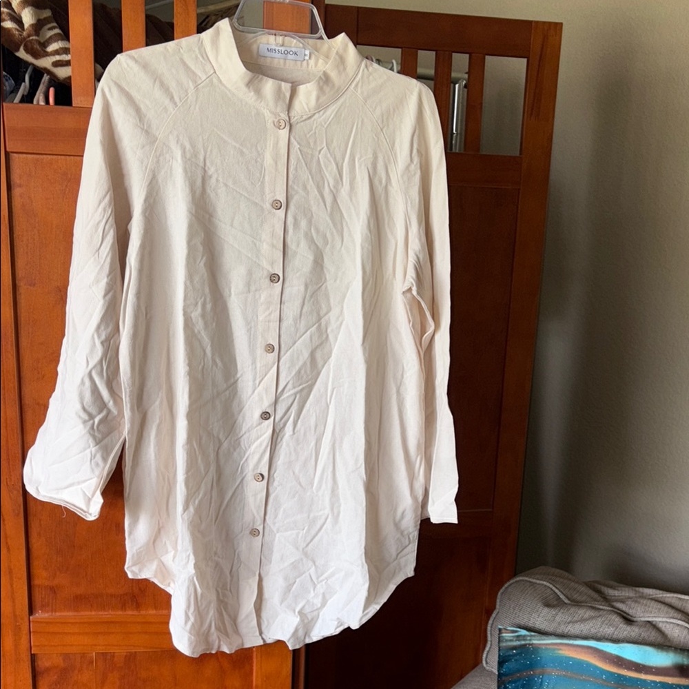 Misslook Cream Button-Up Tunic Top with Pockets